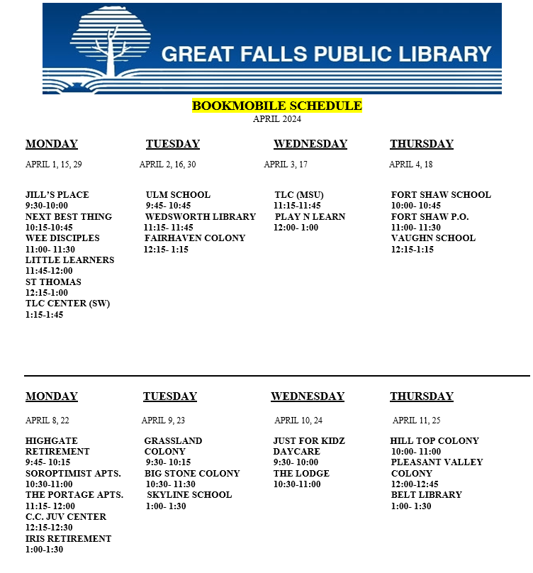Bookmobile April 2024 schedule of stops