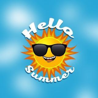 Hello Summer sun wearing sunglasses in front of blue background